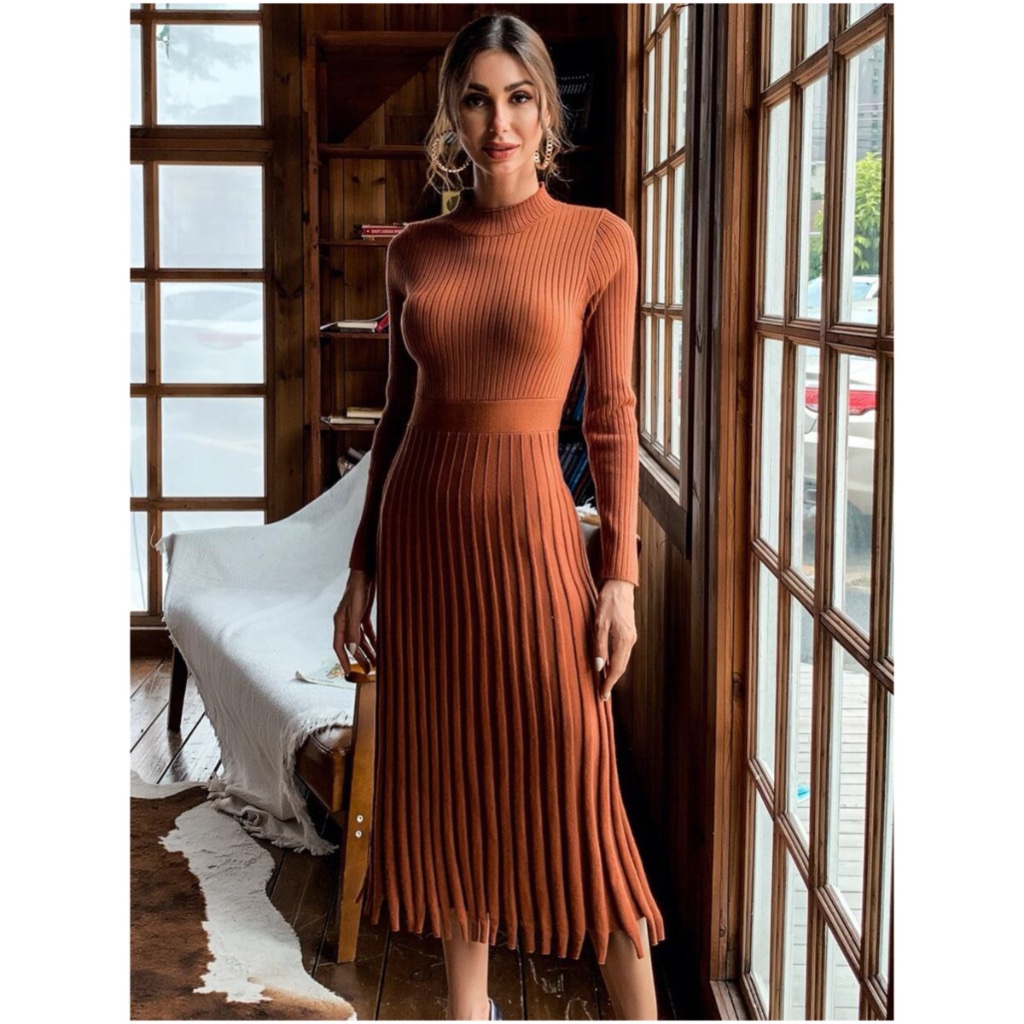 Pleated Mock Neck Ribbed Knit Sweater Dress - Rust